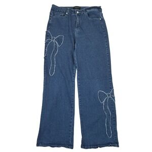 Between Us Womens Bow Applique Wide Leg Jeans Blue Medium Wash Stretch Size 16